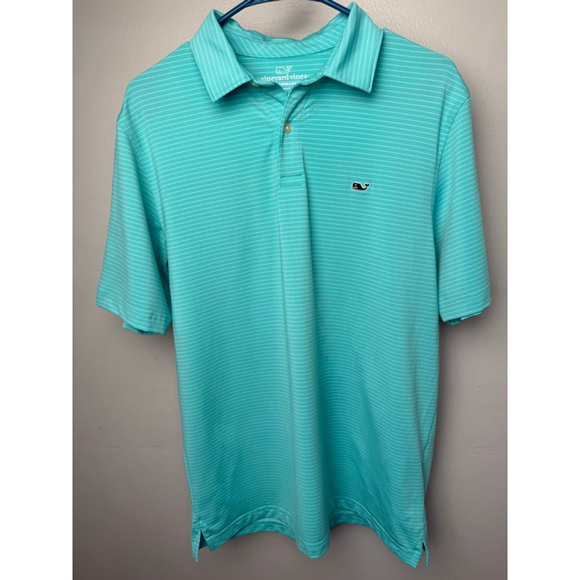 Men's Vineyard Vines Performance Polo Shirt M Teal White Striped - Picture 1 of 7